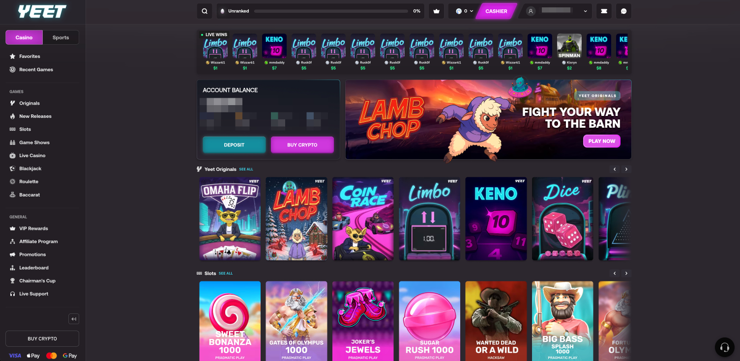 Yeet Casino Overview - Homepage Screenshot